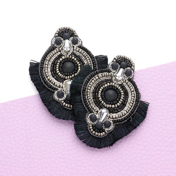 Boho Tassel Trimmed Multi Beaded Earrings in Black Silver Bohemian Style NEW - Picture 1 of 1